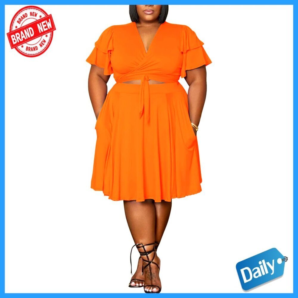 Plus Size 2 Piece Outfit Summer Casual Crop Top Midi Skirt Set